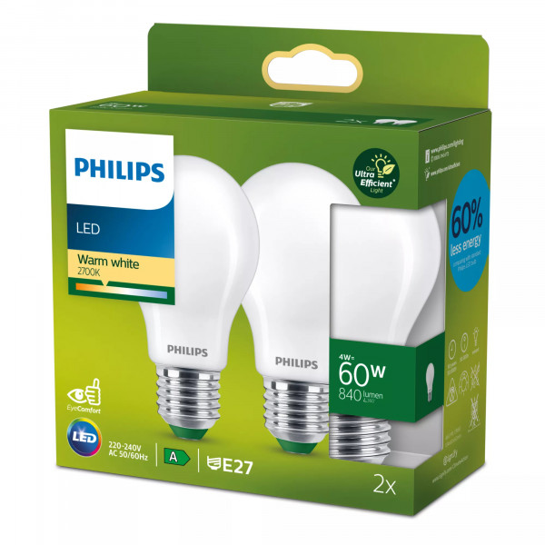Philips LED classic Lampe 60W A60 E27 2700K Milchglas UE 2er P