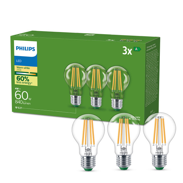 Philips Classic LED-A-Label Lampe 60W E27 klar warmweiß 3er Pack