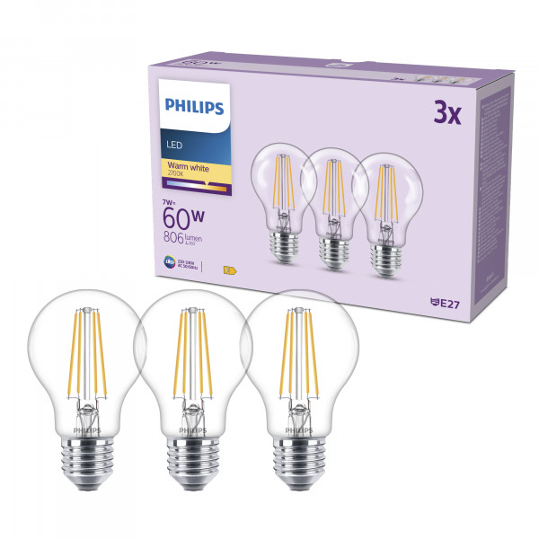 Philips LED Classic Lampe 60W A60 E27 WW CL ND 3CT/4EC