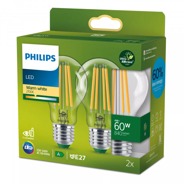 Philips LED classic Lampe 60W A60 E27 2700K UE 2PF/SRT 2er Pack