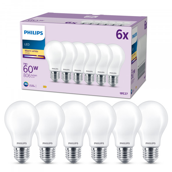 Philips LED Filament-Lampe Milchglas 60W A60 E27 6er Pack